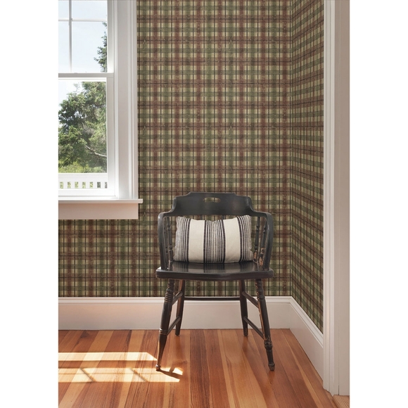 Wallpaper Nellie Brick Wooden Plaid Green, Red, Beige - Picture 3 of 11